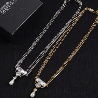 Alexander McQueen Skull and Pearl Pendant Necklace Silver Gold Double Curb Chain Motif Necklace