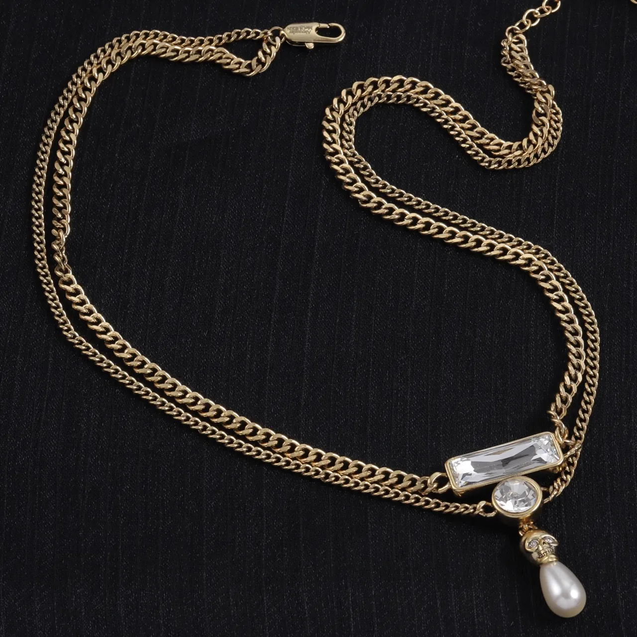 Alexander McQueen Skull and Pearl Pendant Necklace Silver Gold Double Curb Chain Motif Necklace 6