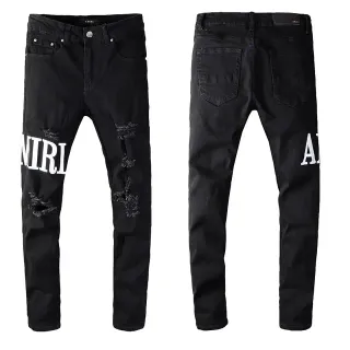 Amiri Negro y Blanco distressed Logo-Print Jeans