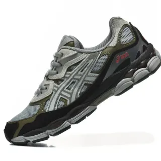 ASICS 灰色军绿色 分层合成叠加 网眼通风面板 跑鞋