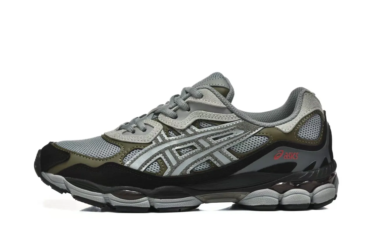ASICS Cinza Verde Militar Camadas Sintéticas Sobrepostas Painéis de Ventilação de Malha Tênis de Corrida 2