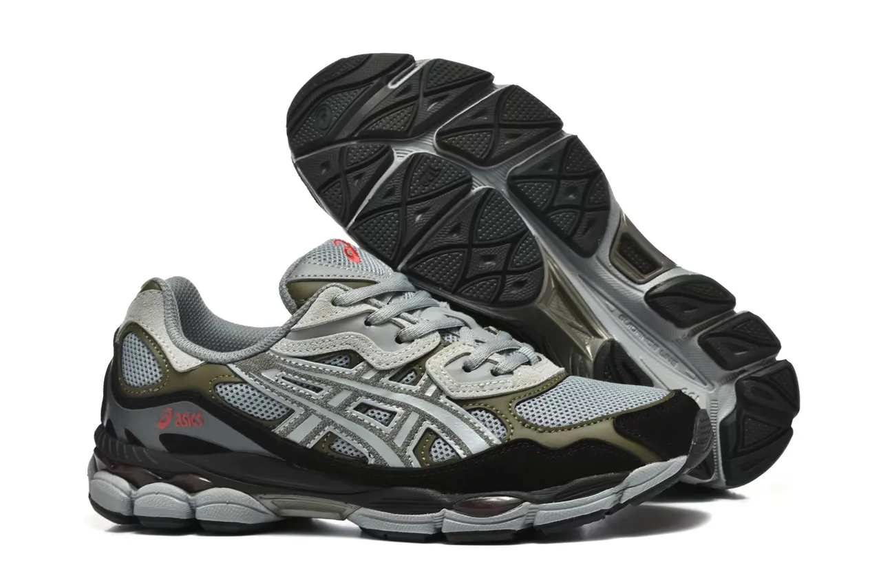 ASICS Cinza Verde Militar Camadas Sintéticas Sobrepostas Painéis de Ventilação de Malha Tênis de Corrida 4