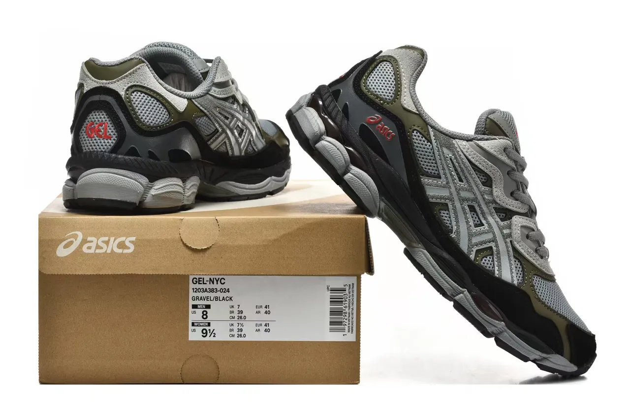 ASICS Cinza Verde Militar Camadas Sintéticas Sobrepostas Painéis de Ventilação de Malha Tênis de Corrida 6