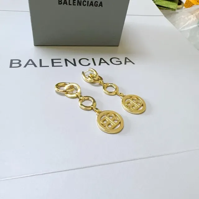 Balenciaga BB Keychain Gold Gray Metal Circular Logo Charm Earrings 2