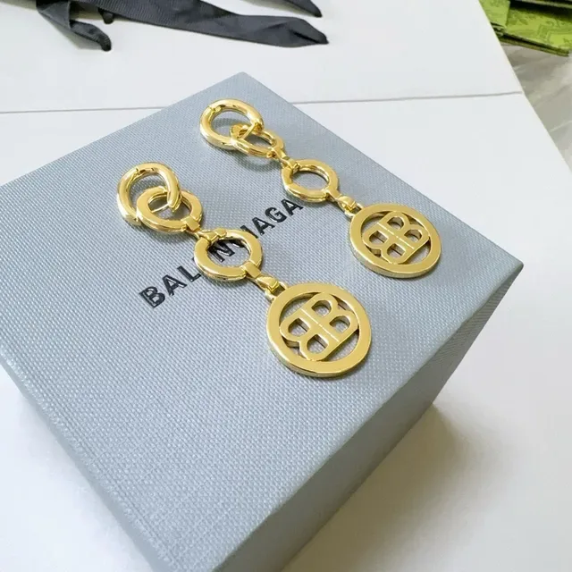 Balenciaga BB Keychain Gold Gray Metal Circular Logo Charm Earrings 3
