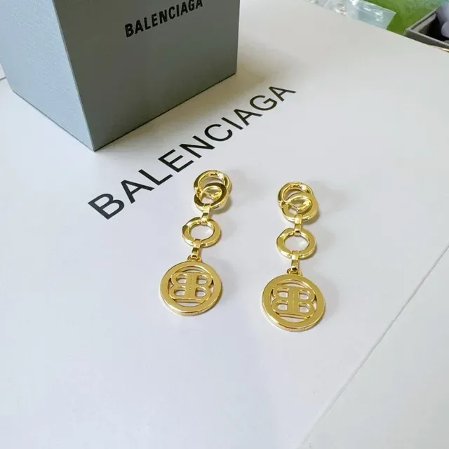 Balenciaga BB Keychain Gold Gray Metal Circular Logo Charm Earrings 4