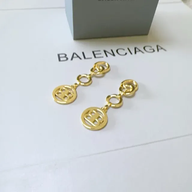Balenciaga BB Keychain Gold Gray Metal Circular Logo Charm Earrings 5