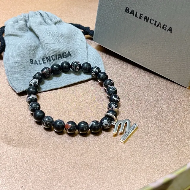 Balenciaga M Bracelet Black Marbled Stone Stretch Bracelet 3