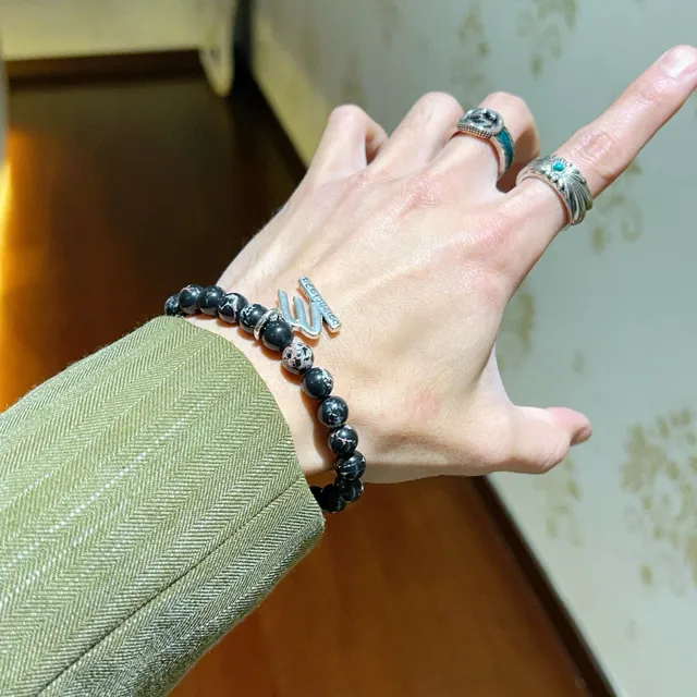 Balenciaga M Bracelet Black Marbled Stone Stretch Bracelet 4