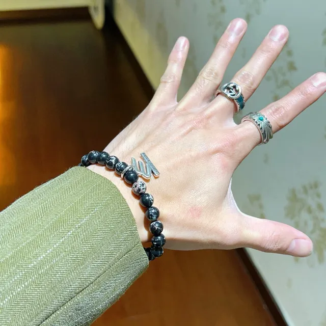 Balenciaga M Bracelet Black Marbled Stone Stretch Bracelet 8