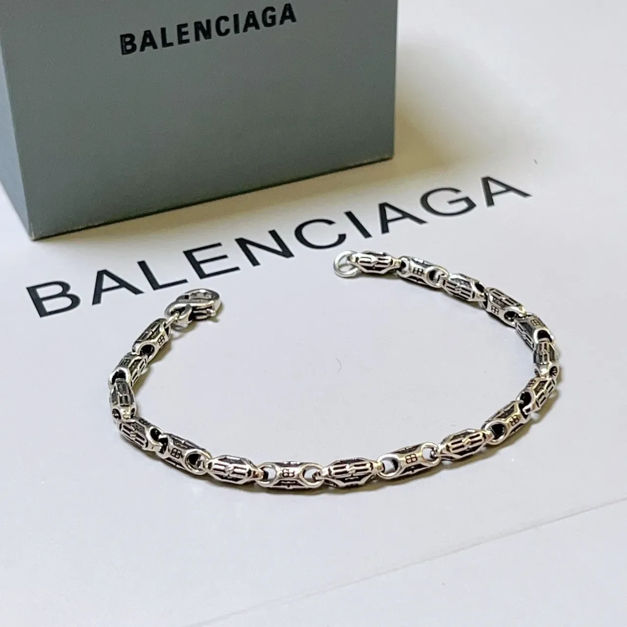 Balenciaga Monogrammed Chain-Link Two-Tone Silver Bracelet 2