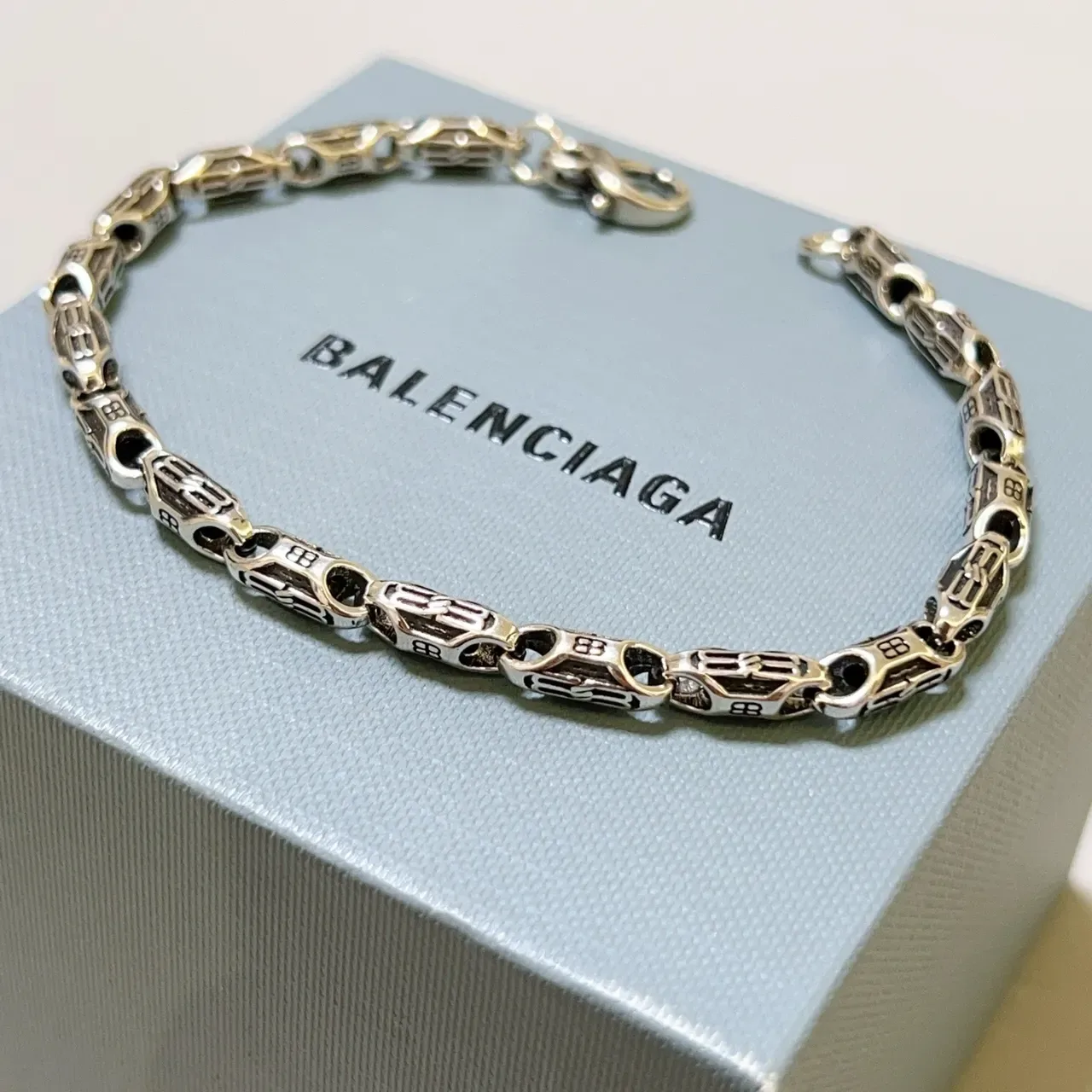 Balenciaga Monogrammed Chain-Link Two-Tone Silver Bracelet 9