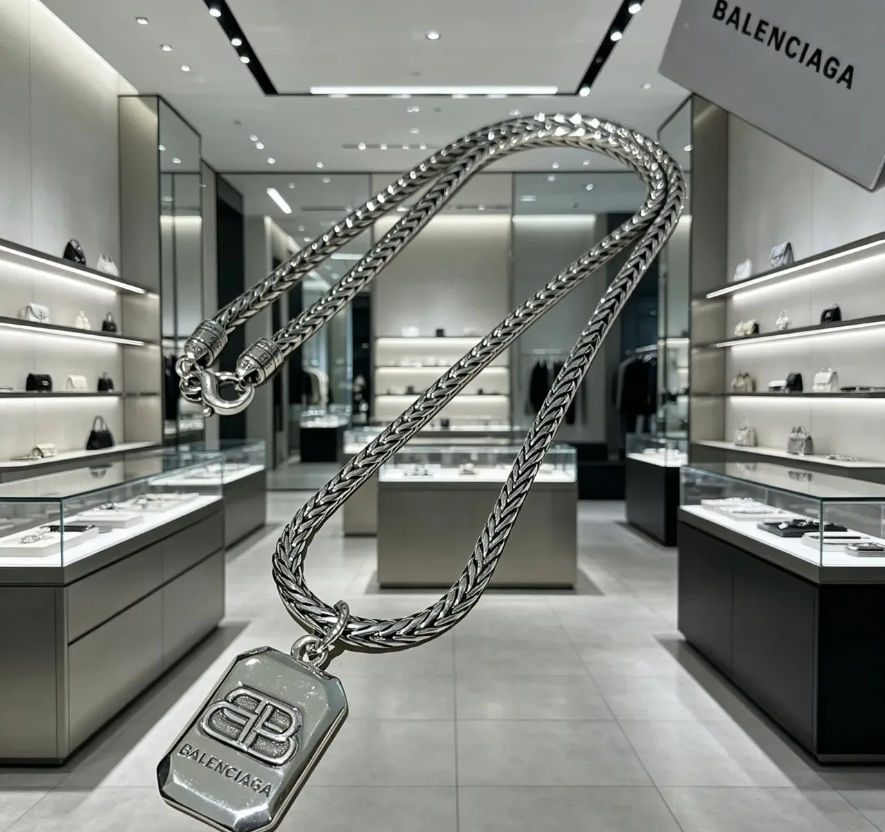 Balenciaga रजत बहावित धातु श्रृंखला आयताकार लोगो पेंडेंट नेकलेस 4