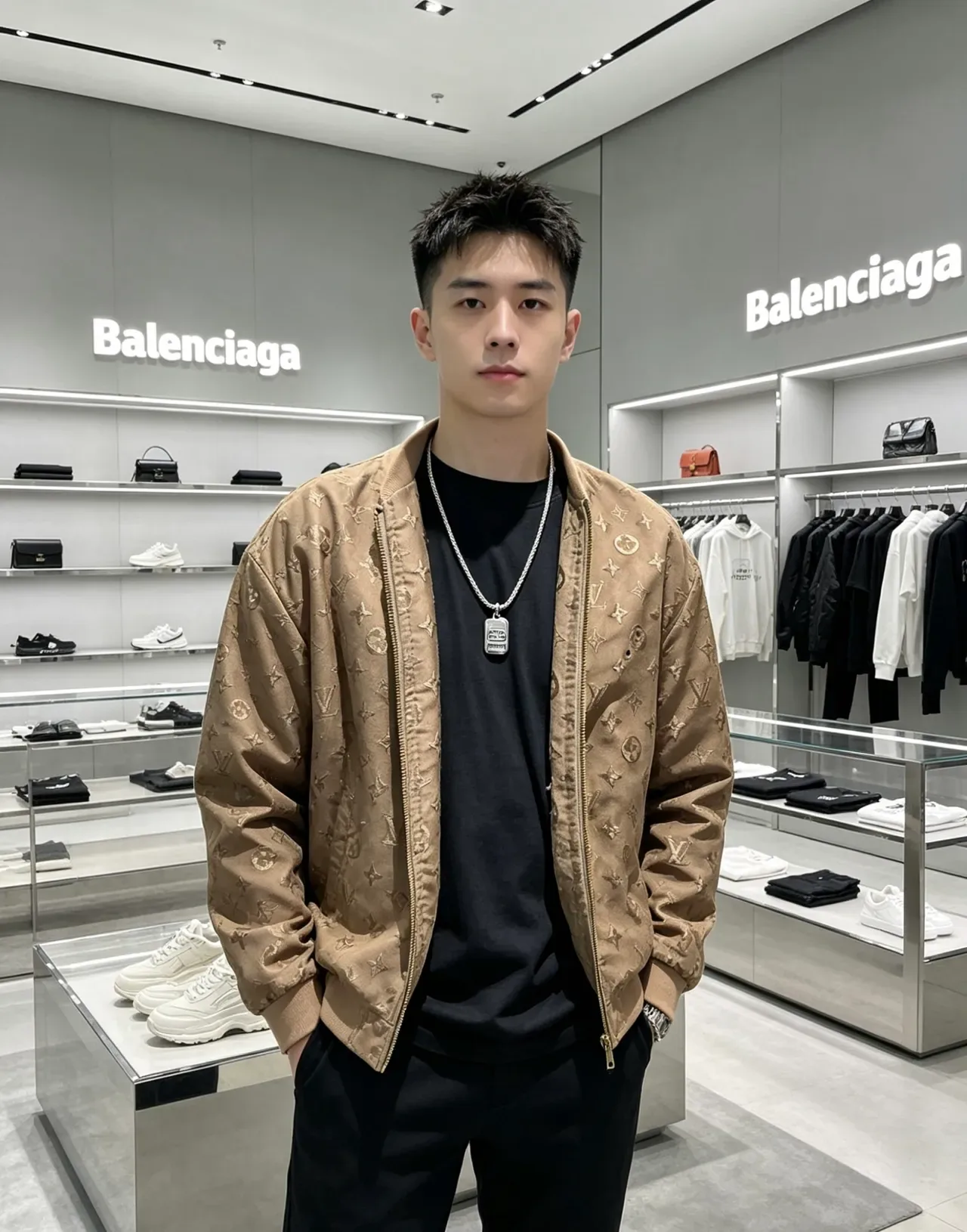 Balenciaga रजत बहावित धातु श्रृंखला आयताकार लोगो पेंडेंट नेकलेस 8