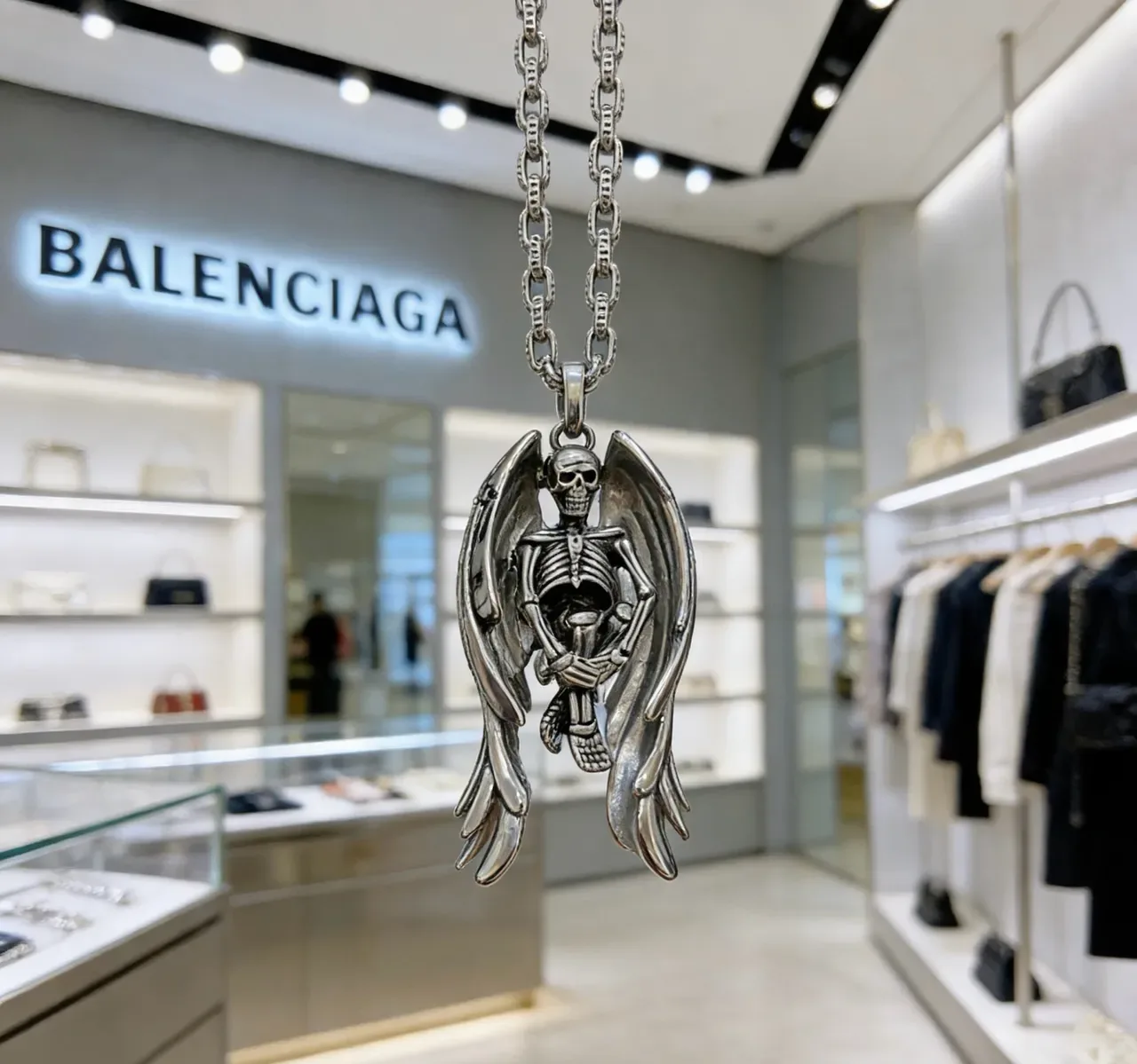 Balenciaga খুলি এঞ্জেল পেন্ডেন্ট সিলভার নেকলেস 7