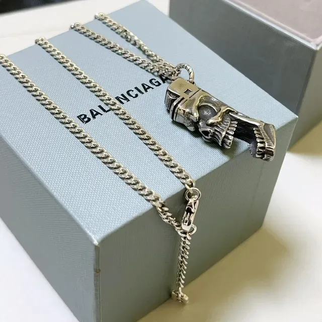 Balenciaga Skull Lighter Pendant Silver Chain Necklace 6