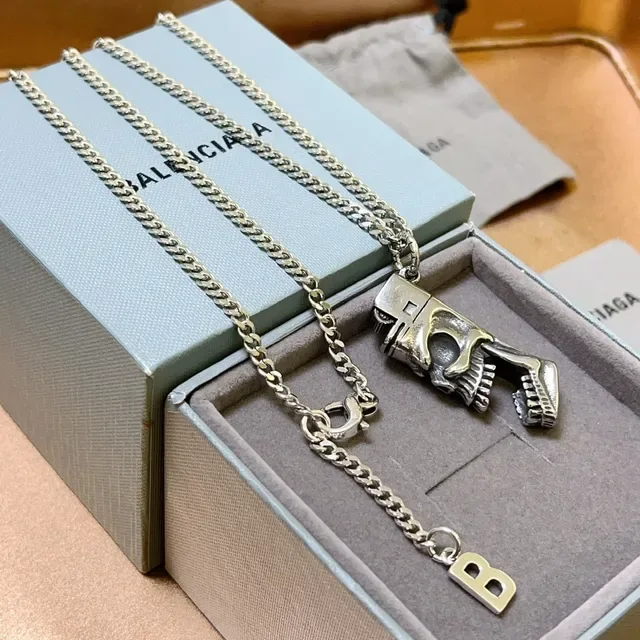 Balenciaga Skull Lighter Pendant Silver Chain Necklace 9