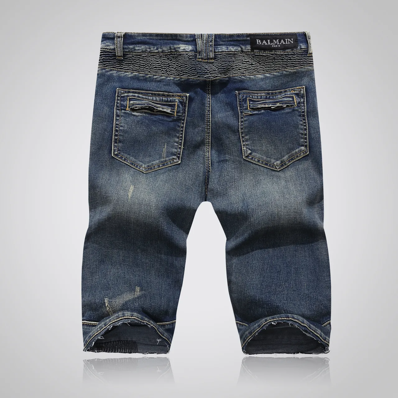 Balmain Distressed Indigo Denim Quilted Panel Shorts 16