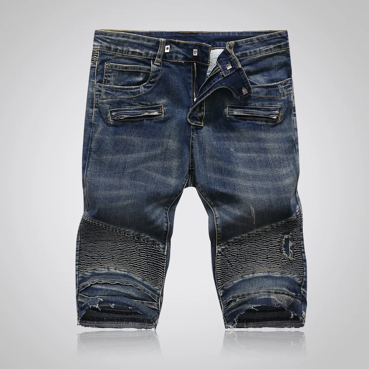 Balmain Distressed Indigo Denim Quilted Panel Shorts 17