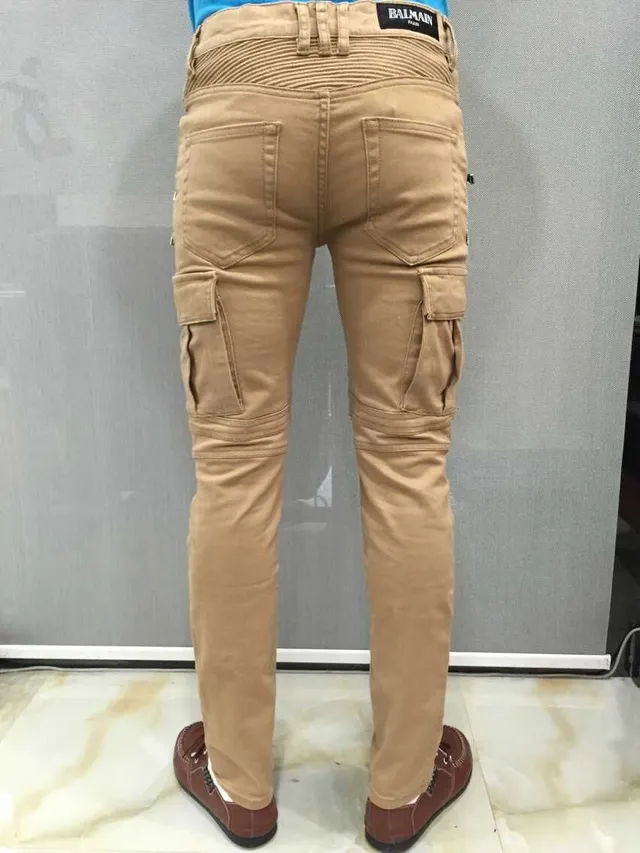 Balmain Moto Cargo Calças Bege 4