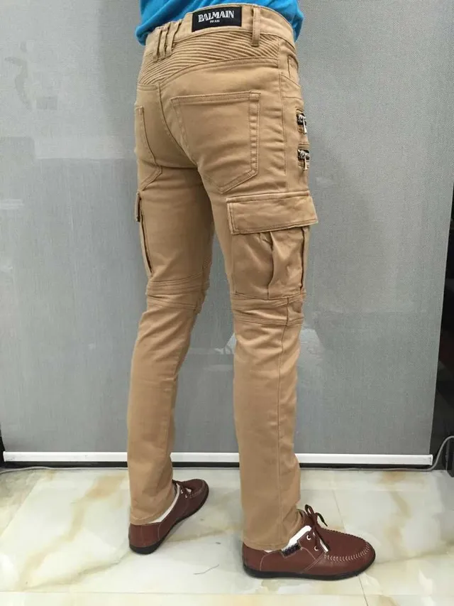 Balmain Moto Cargo Calças Bege 5