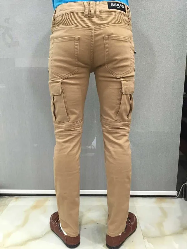 Balmain Moto Cargo Calças Bege 7