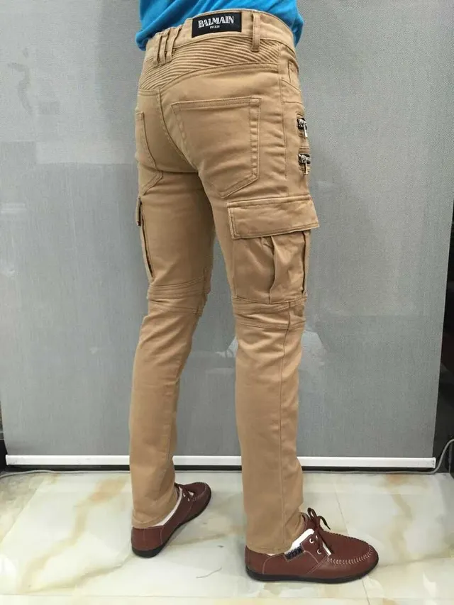 Balmain Moto Cargo Calças Bege 8