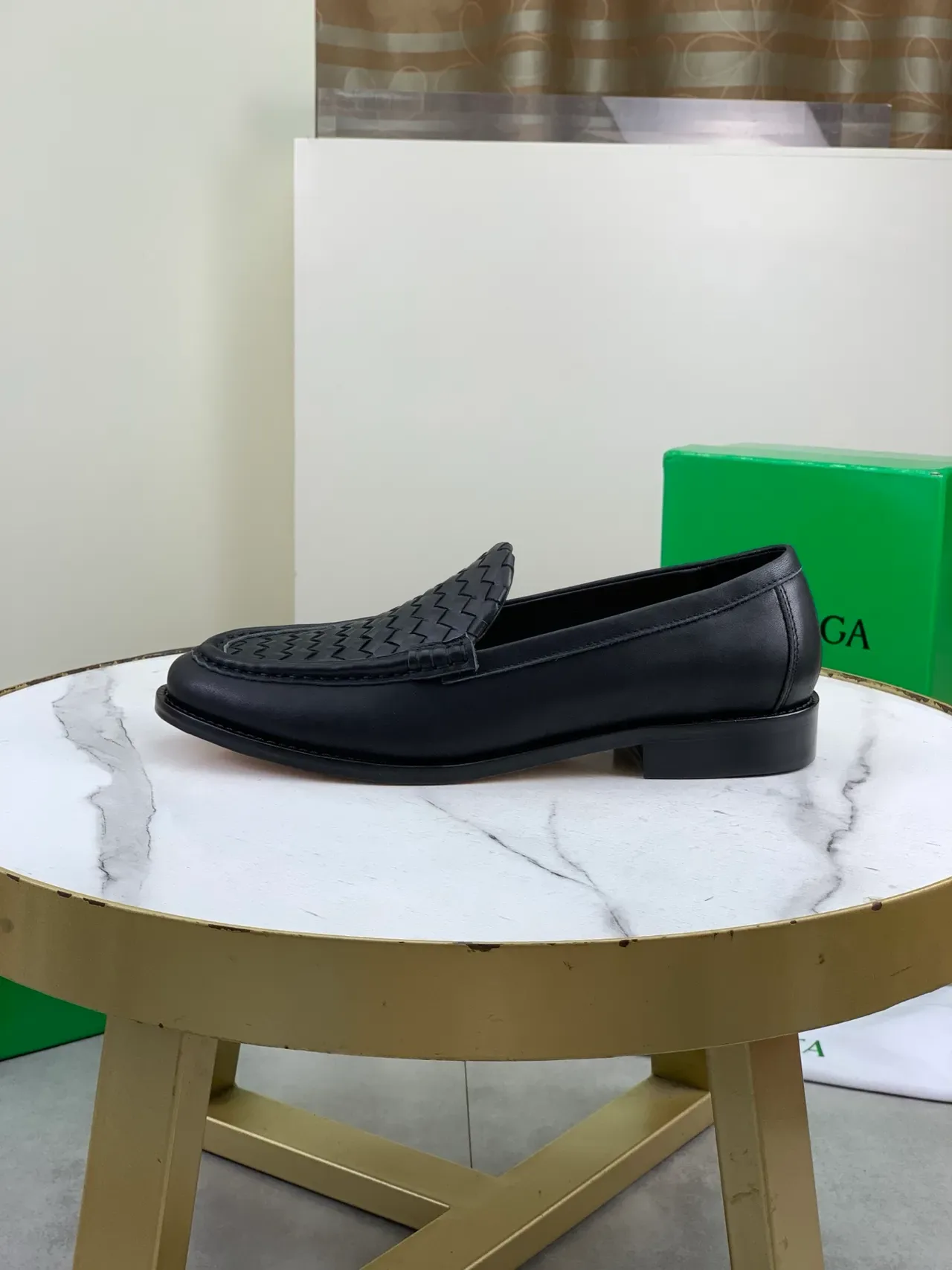 Bottega Veneta Preto Bege Couro Trenzado Intrecciato Moc-Toe Costura Loafer 5