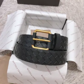 Bottega Veneta Preto Dourado Intrecciato Tecido Retangular Fecho Cinto de Couro