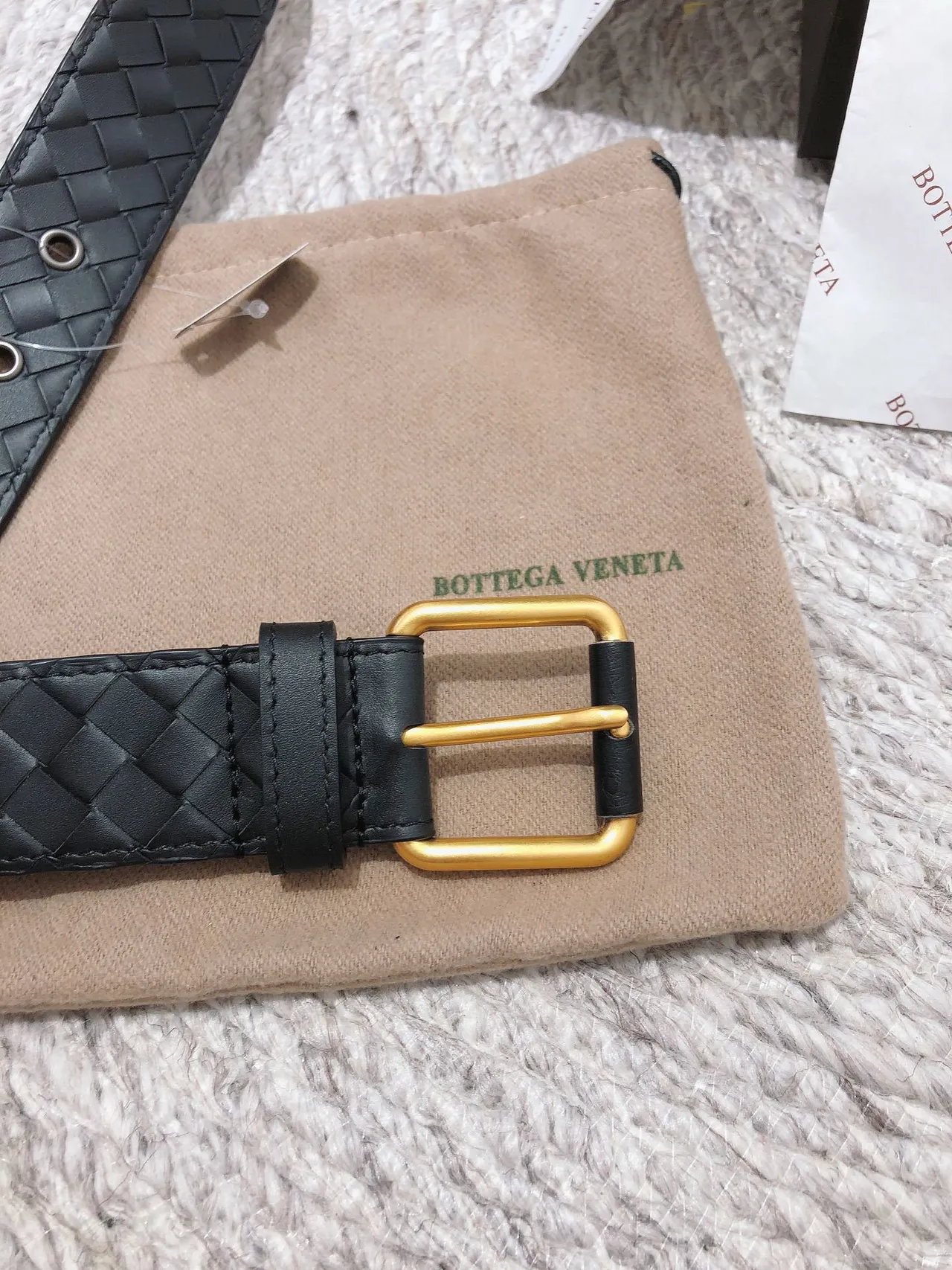Bottega Veneta 黑金 Intrecciato 编织 矩形扣头 皮革腰带 4