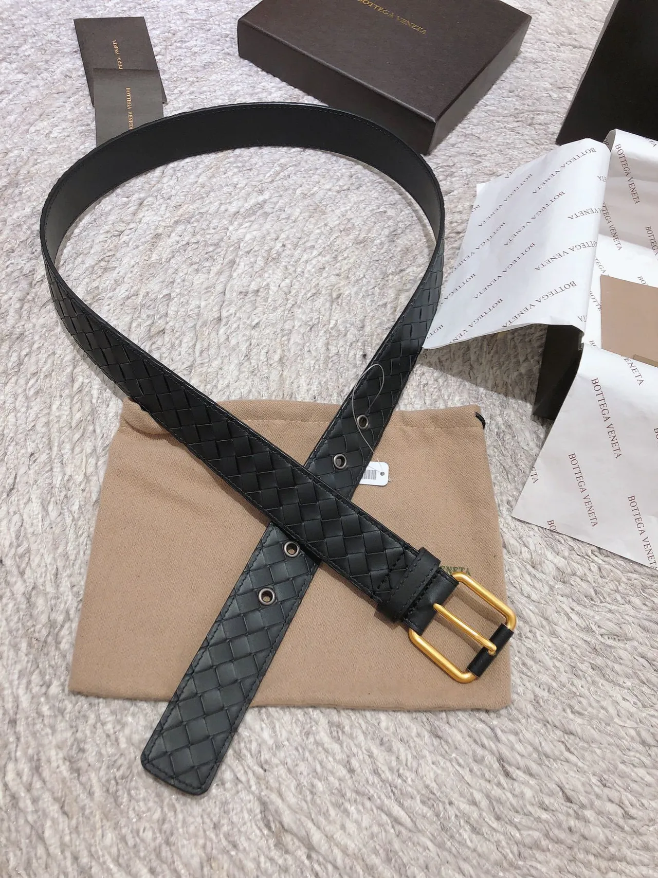 Bottega Veneta 黑金 Intrecciato 编织 矩形扣头 皮革腰带 5