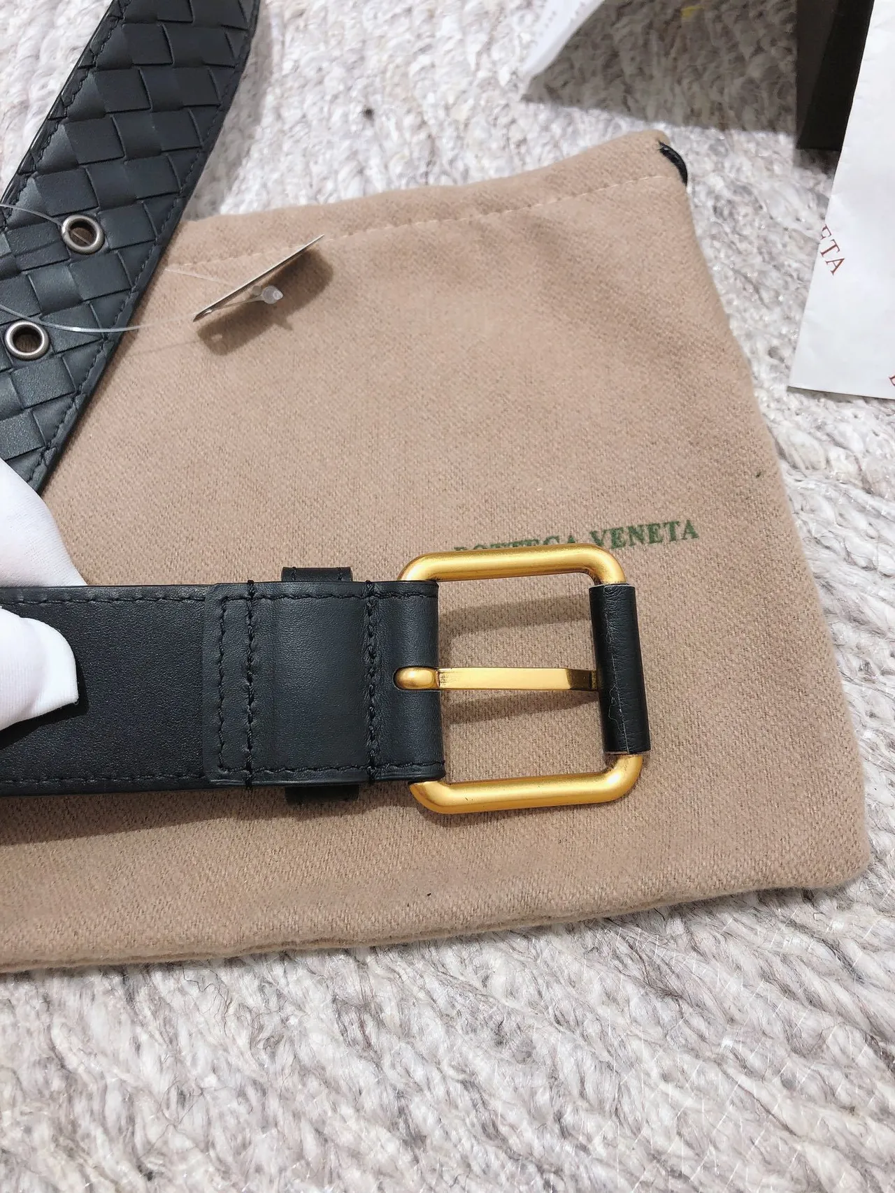 Bottega Veneta 黑金 Intrecciato 编织 矩形扣头 皮革腰带 6