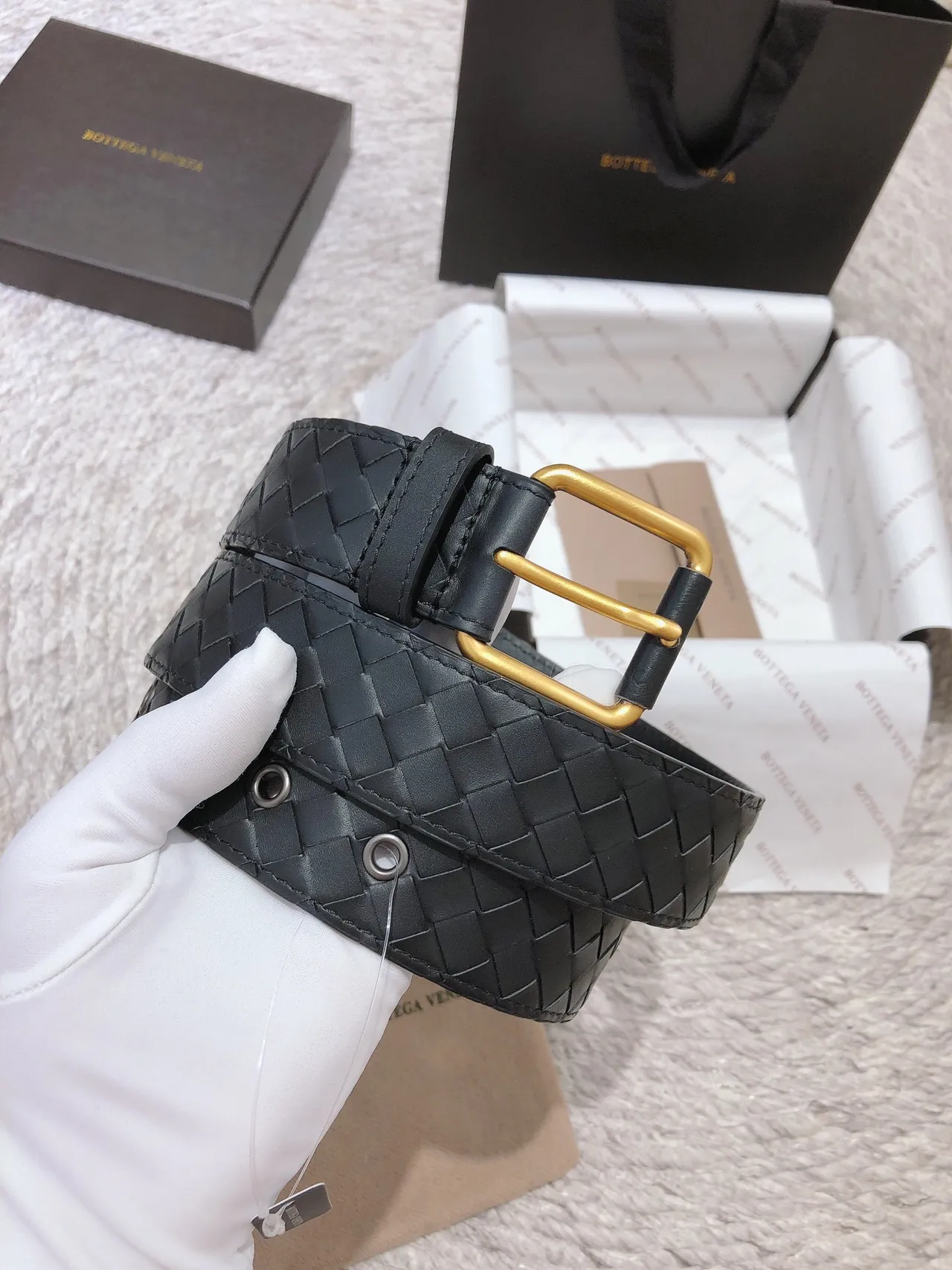 Bottega Veneta 黑金 Intrecciato 编织 矩形扣头 皮革腰带 8