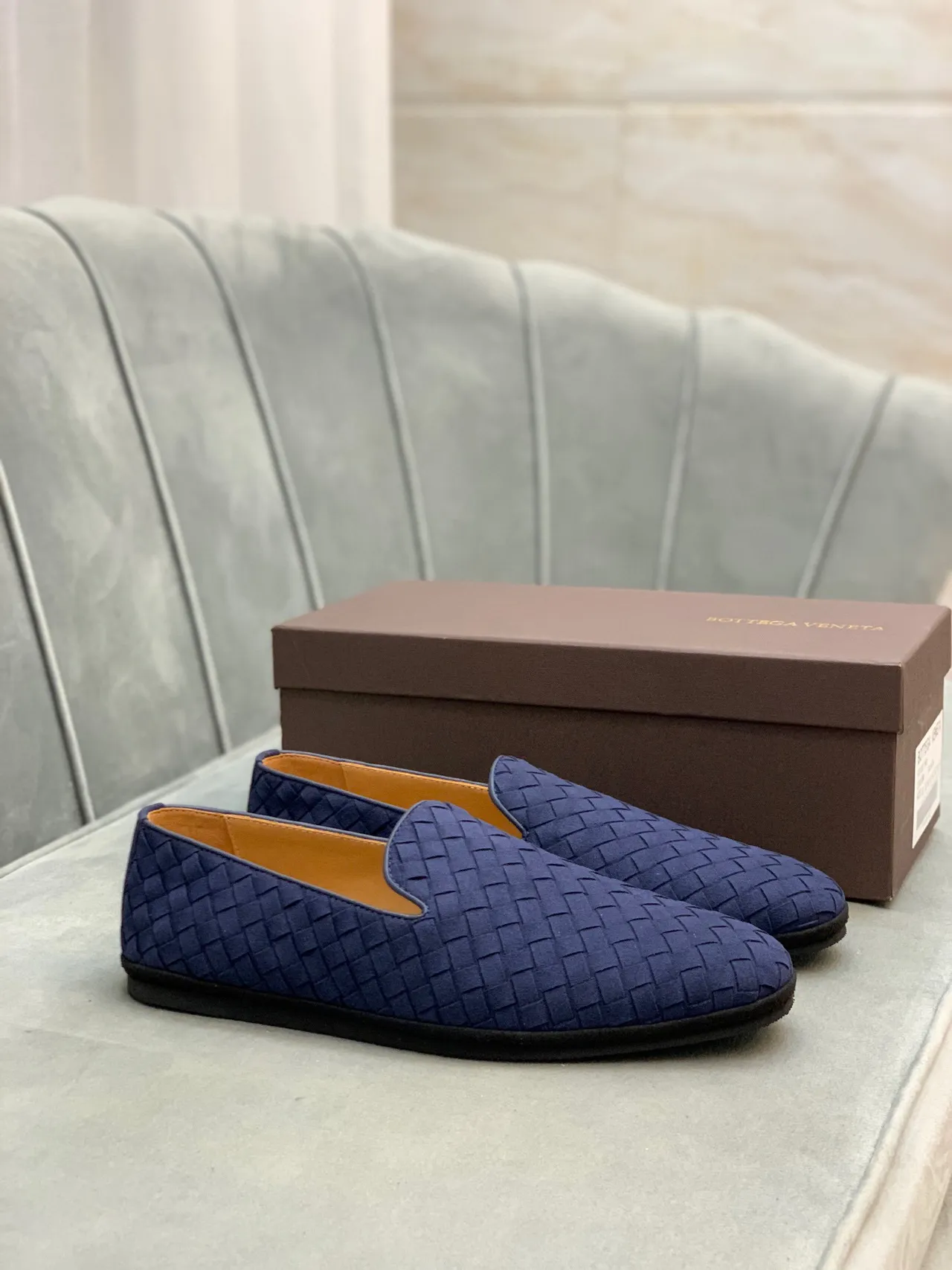 Bottega Veneta Navy Brown Woven Intrecciato Leather Slip-On Loafer 7