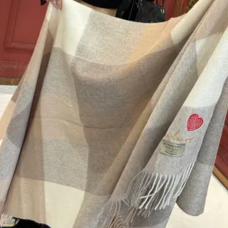 Burberry Beige Gray Large-Scale Check Pattern Fringed Edges Cashmere Scarf