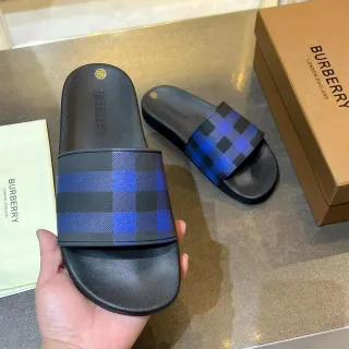 Burberry Noir Bleu Caoutchouc Glisse Nova Check Sangle Chaussons