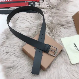 Burberry Black Silver Smooth Matte Rectangular Buckle Leather Belt
