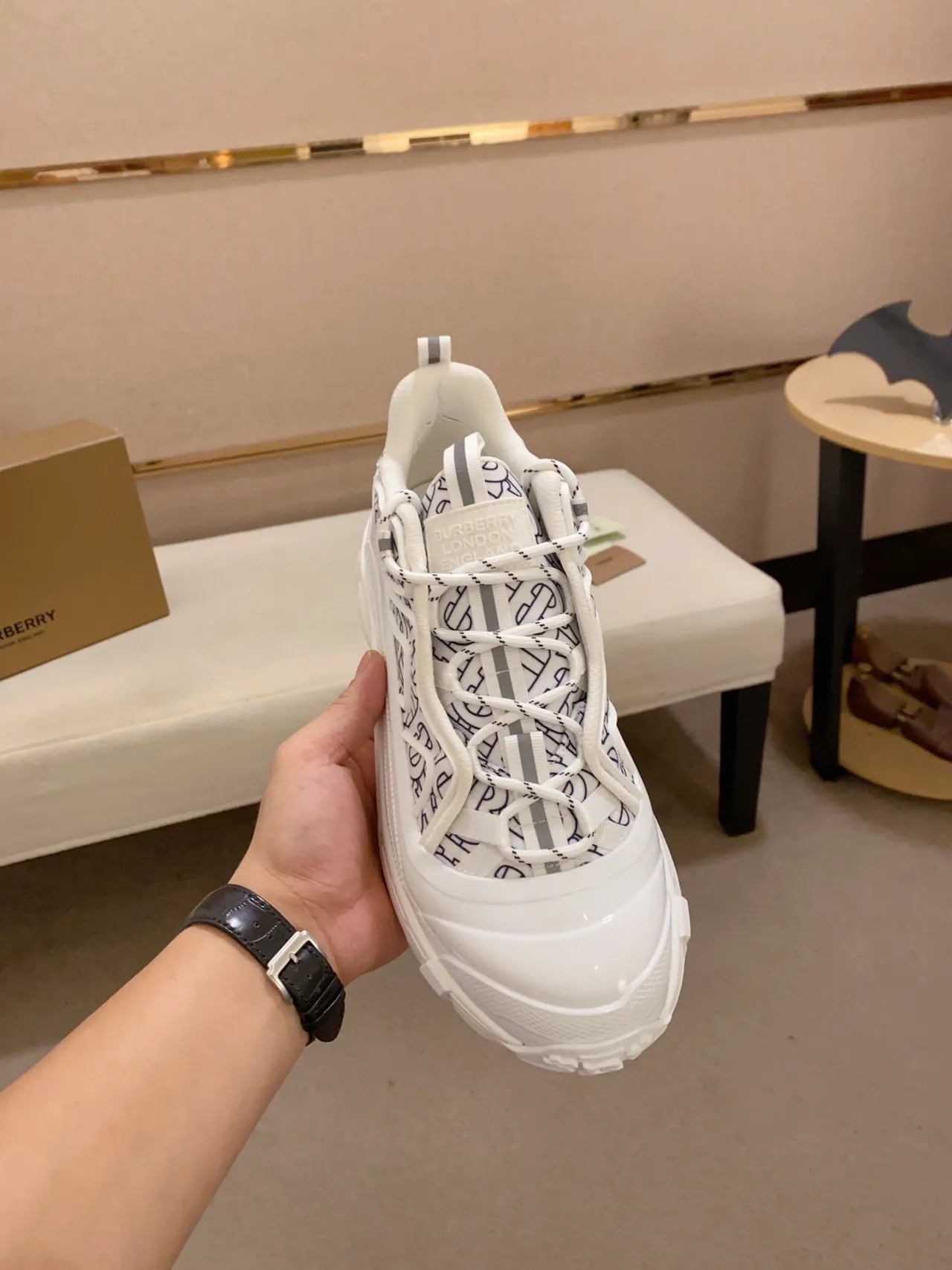 Burberry White Blue Monogrammed Textile Upper Oversized Sculpted Rubber Sole Chunky Sneakers 2