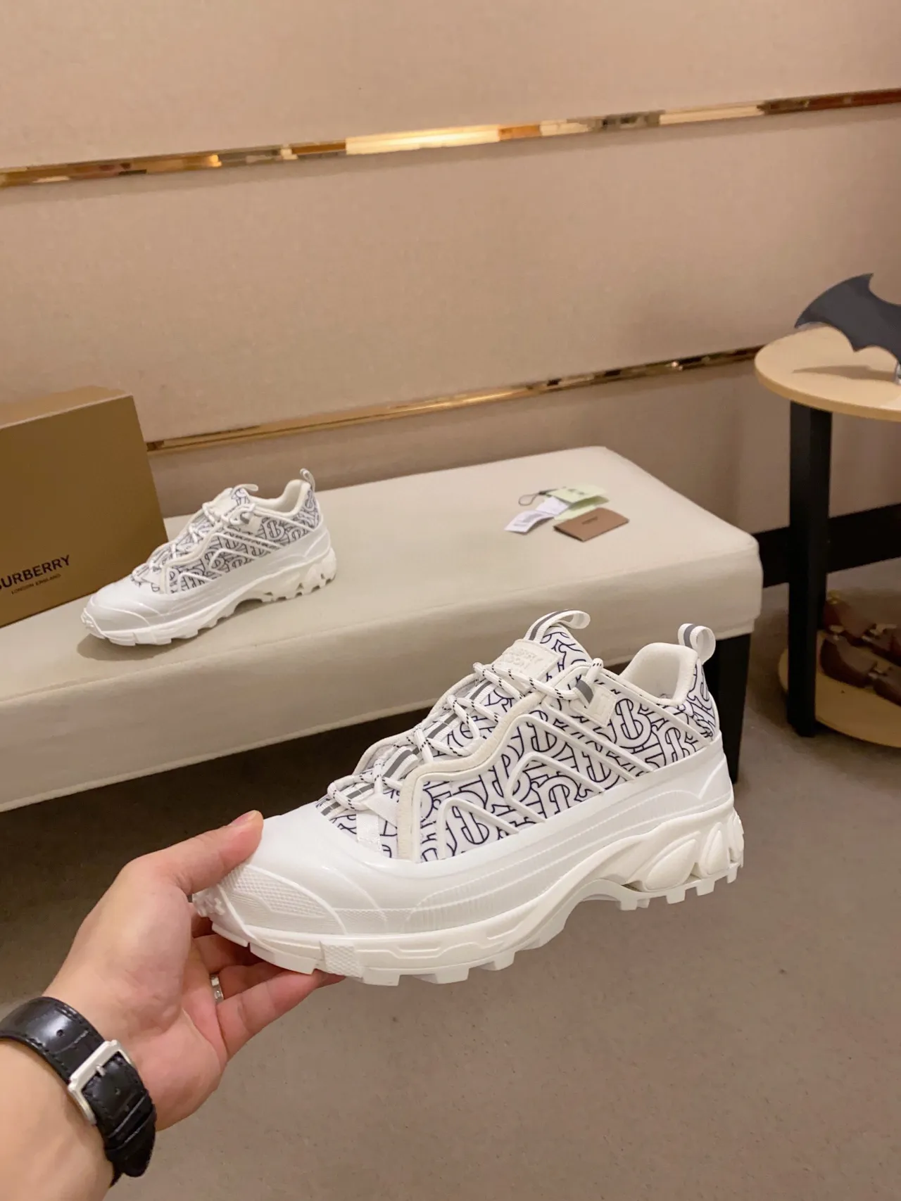 Burberry White Blue Monogrammed Textile Upper Oversized Sculpted Rubber Sole Chunky Sneakers 3