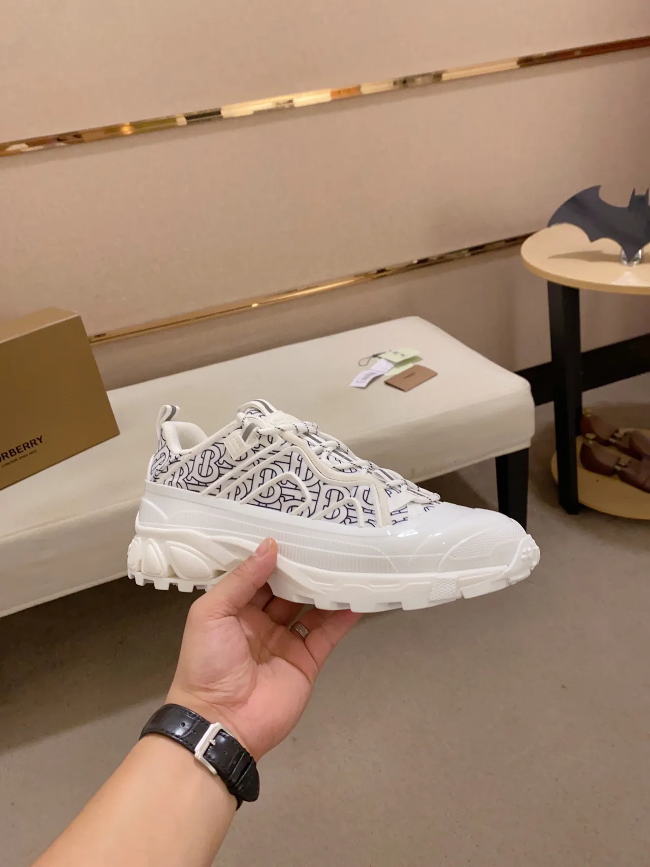 Burberry White Blue Monogrammed Textile Upper Oversized Sculpted Rubber Sole Chunky Sneakers 4