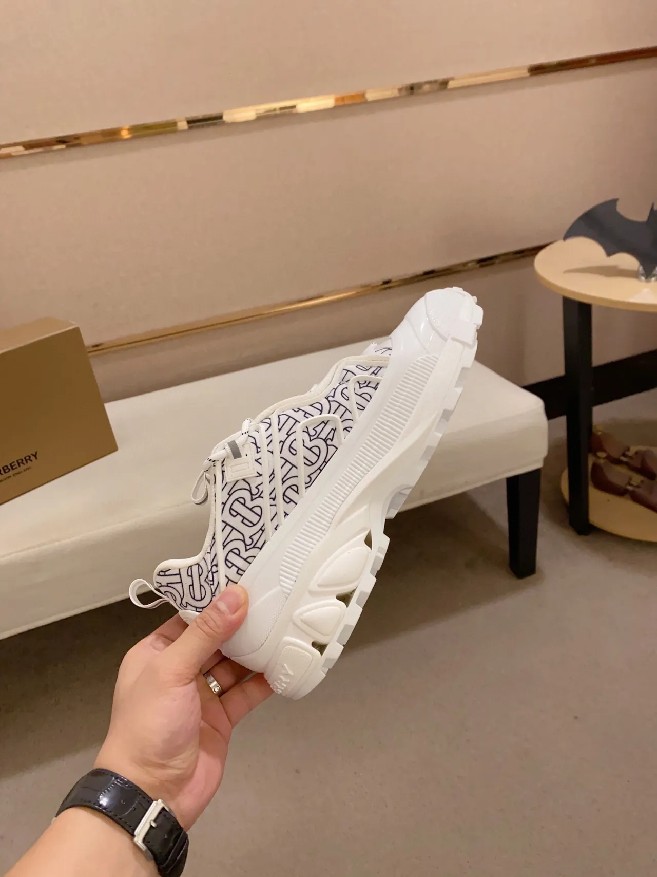 Burberry White Blue Monogrammed Textile Upper Oversized Sculpted Rubber Sole Chunky Sneakers 5