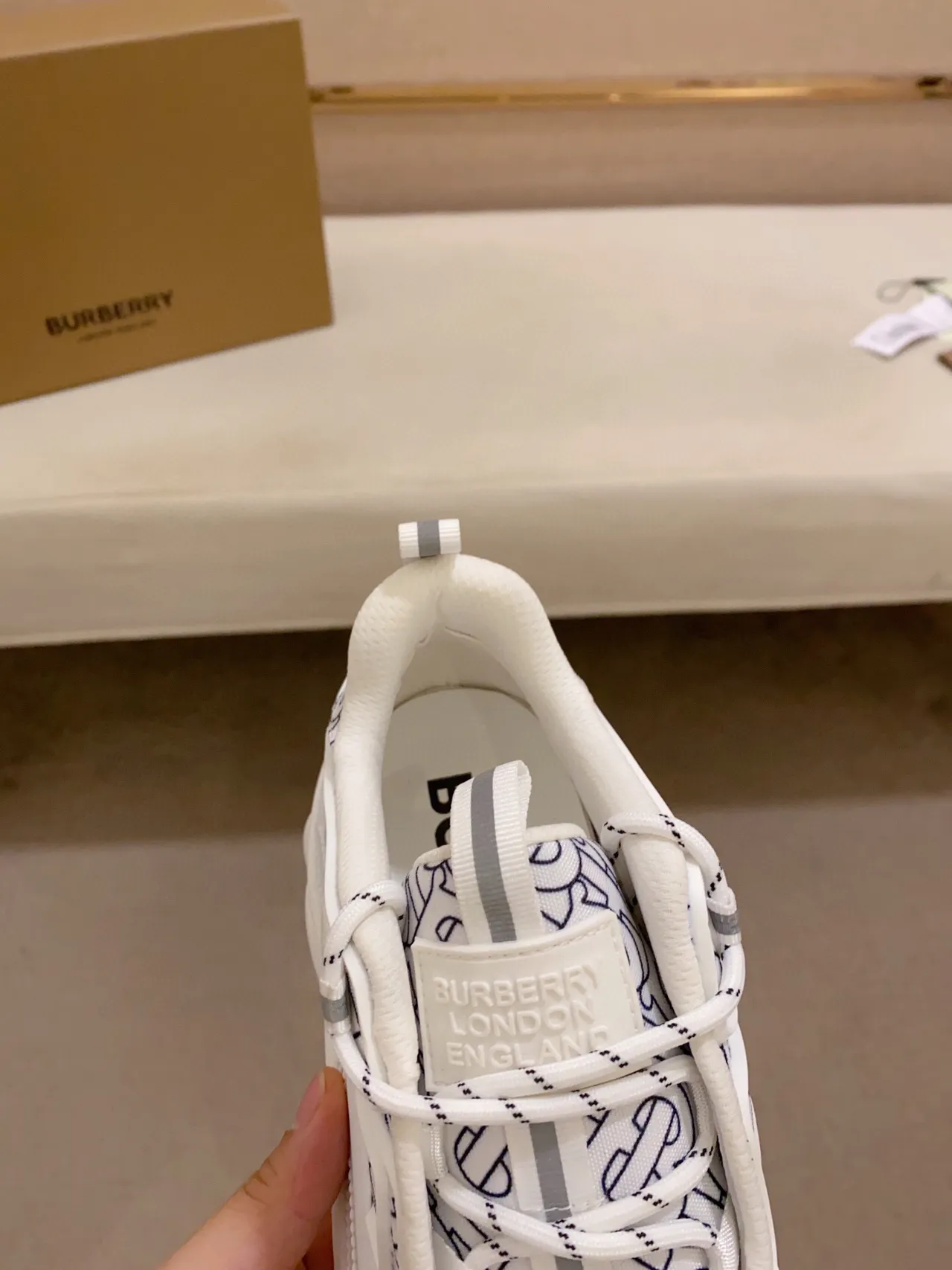 Burberry White Blue Monogrammed Textile Upper Oversized Sculpted Rubber Sole Chunky Sneakers 6