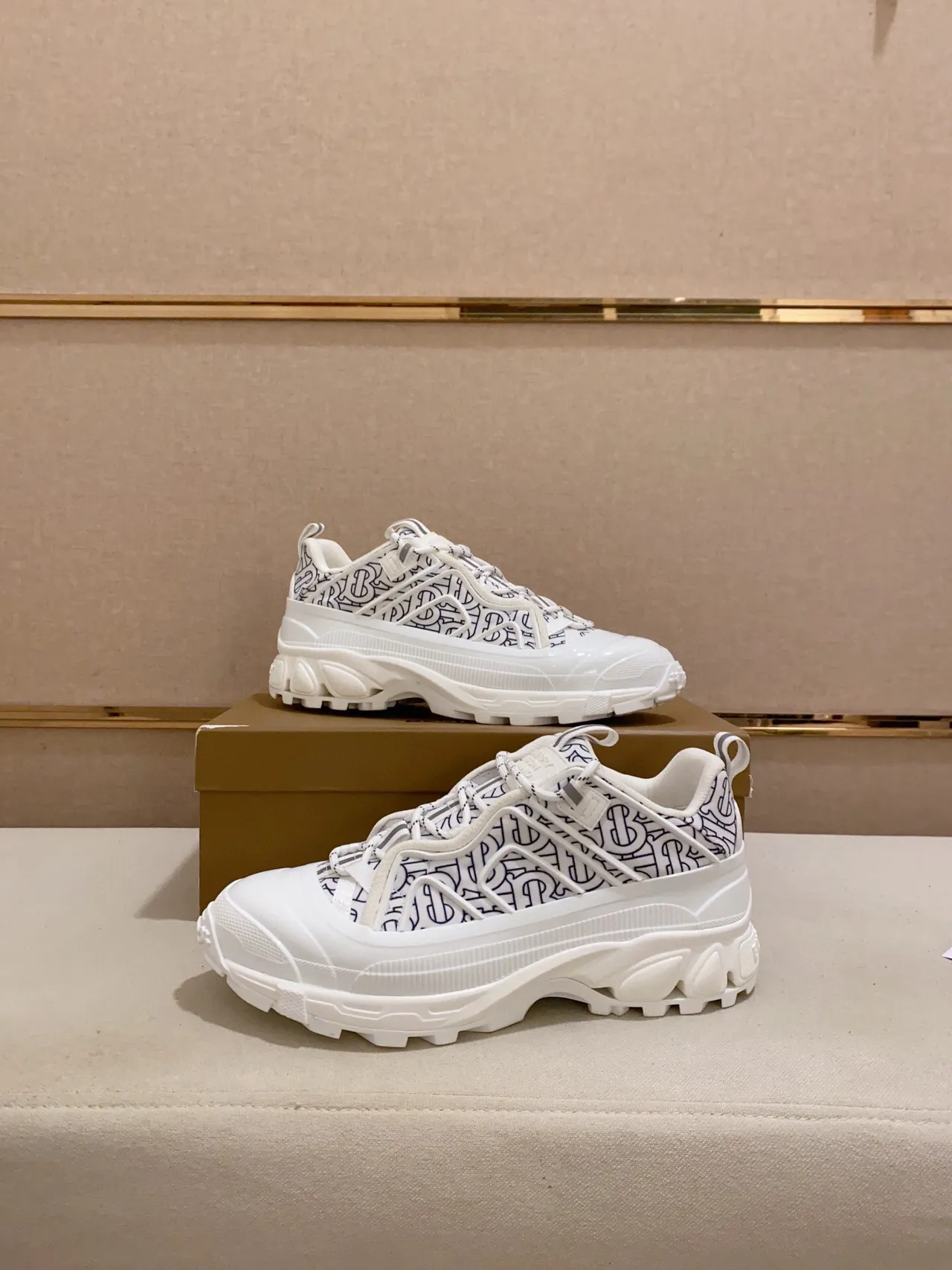Burberry White Blue Monogrammed Textile Upper Oversized Sculpted Rubber Sole Chunky Sneakers 7