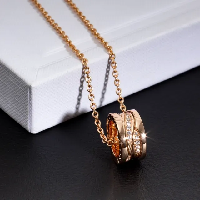 Bvlgari B.zero1 Triple Interlocking Ring Pavé Diamond Rose Gold Necklace 5