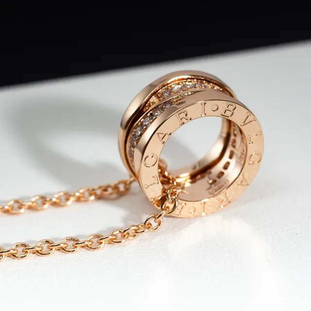Bvlgari B.zero1 Triple Interlocking Ring Pavé Diamond Rose Gold Necklace 6