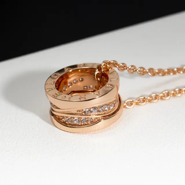 Bvlgari B.zero1 Triple Interlocking Ring Pavé Diamond Rose Gold Necklace 7