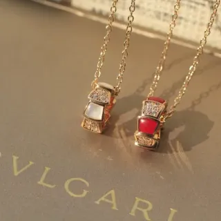 Bvlgari Gold Red Stacked Geometric Pendant Pavé Diamond Accents Necklace