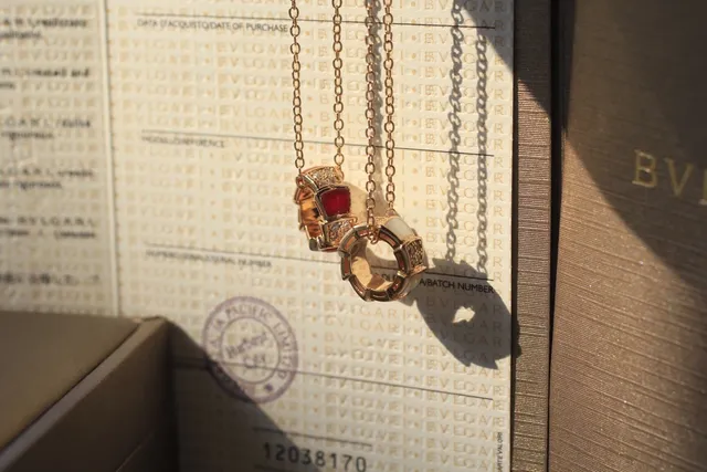 Bvlgari Gold Red Stacked Geometric Pendant Pavé Diamond Accents Necklace 3