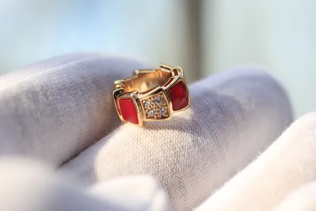 Bvlgari Gold Red Stacked Geometric Pendant Pavé Diamond Accents Necklace 5