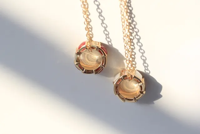 Bvlgari Gold Red Stacked Geometric Pendant Pavé Diamond Accents Necklace 8